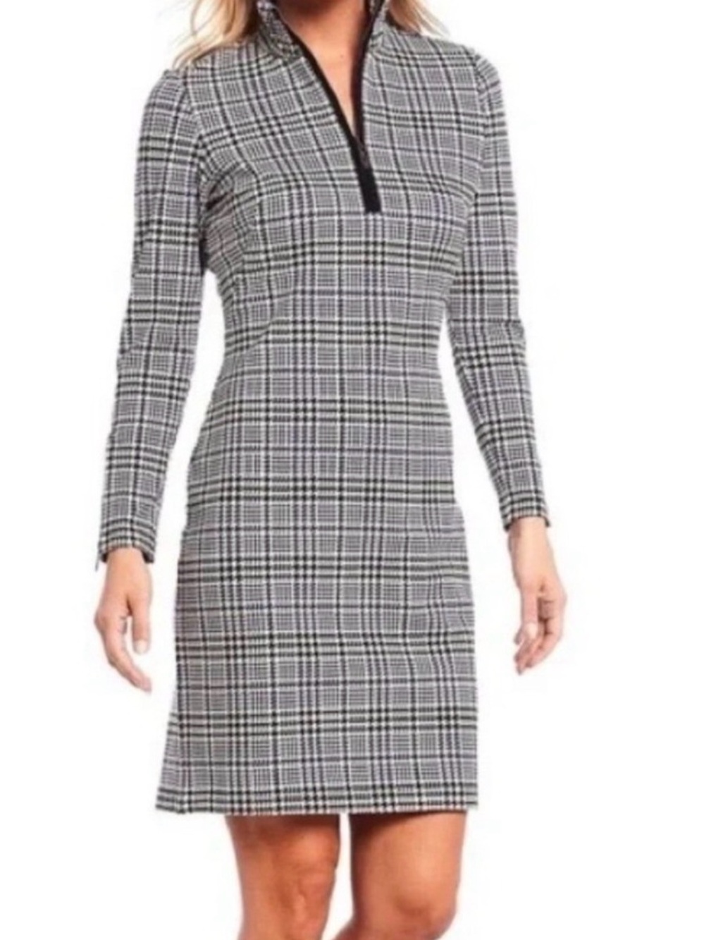 J. McLaughlin Black & White Glen Plaid Long-Sleeve Zip Dress